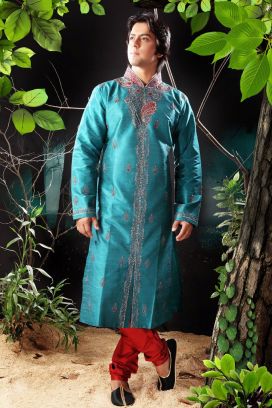 Rama Green Art Dupion Men Kurta Pajama (KFM-1182)