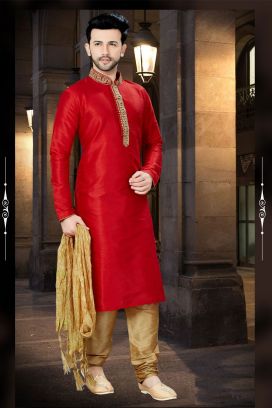Red Art Dupion Regular Kurta Pajama (KFM-3803)