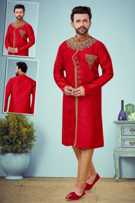 Red Dobby Kurta Pajama for Men (KFM-4866)