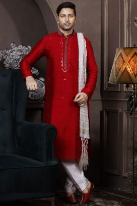 Red Silk Mens Kurta Pajama (KFM-6031)