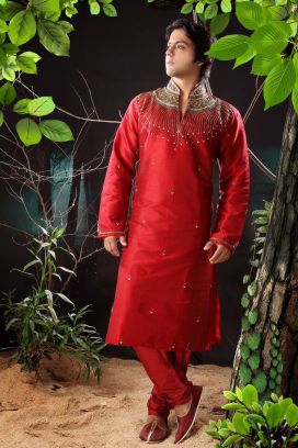 Reddish Maroon Art Dupion Mens Kurta (KFM-1168)