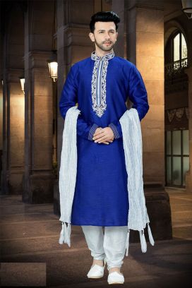 Royal Blue Art Dupion Designer Kurta Pajama (KFM-3754)
