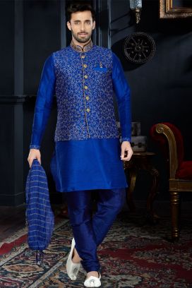 Royal Blue Art Dupion Jacket Style Kurta (KFM-3423)