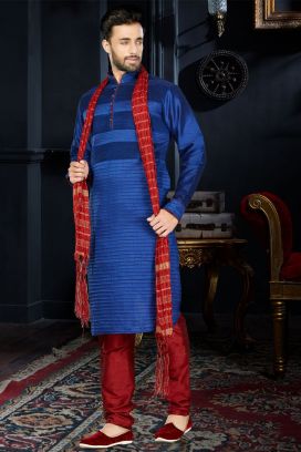 Royal Blue Art Dupion Kurta Pajama (KFM-3427)