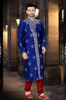 Royal Blue Art Dupion Kurta Pajama (KFM-3783)