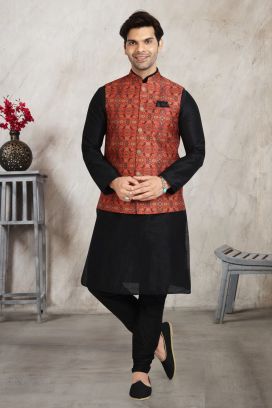 Rust Banarasi Silk Nehru Jacket (KFM-5690)