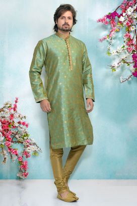 Sea Green Jaquard Silk Brocade Kurta Pajama (KFM-4921)