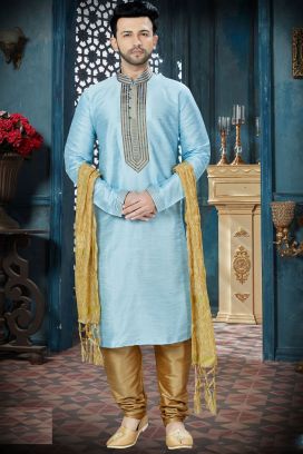 Sky Blue Art Dupion Regular Kurta Pajama (KFM-3811)