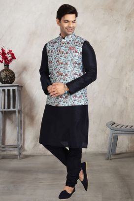 Sky Blue Banarasi Silk Nehru Jacket (KFM-5682)