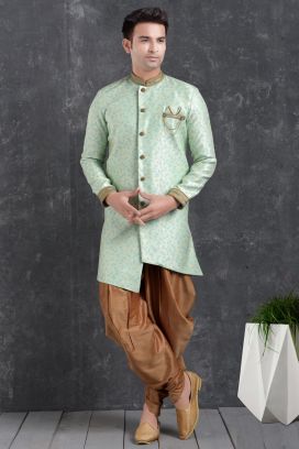 Sky Blue Jaquard Silk Brocade Indo Western Kurta (KFM-4994)