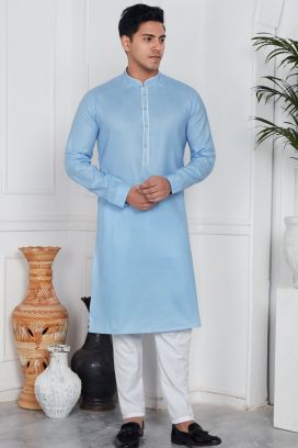 Sky Blue Linen Cotton Kurta Pajama (KFM-7587)