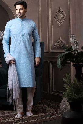 Sky Blue Silk Kurta for Men (KFM-6059)
