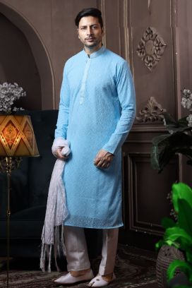 Sky Blue Silk Mens Kurta Pajama (KFM-6049)