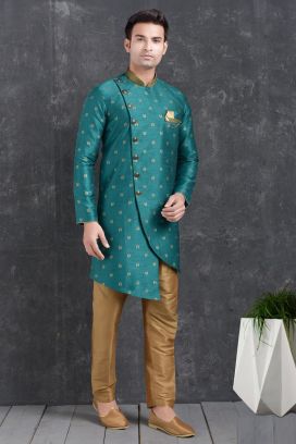 Teal Blue Jaquard Silk Brocade Indo Western Kurta (KFM-5018)