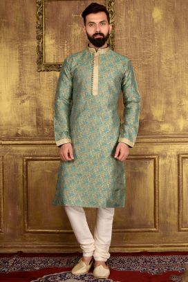 Teal Green Jaquard Silk Brocade Kurta (KFM-3557)