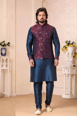 Wine, Blue Art Banarasi Silk Nehru Jacket (KFM-5649)