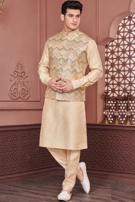 Yellow Art Banarasi Silk Nehru Jacket (KFM-7399)