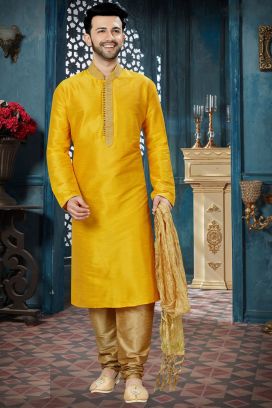 Yellow Art Dupion Mens Kurta Pajama (KFM-3835)
