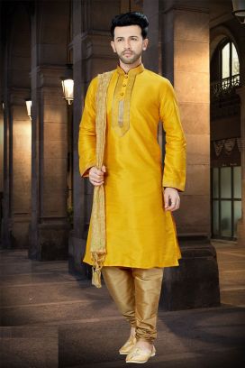 Yellow Art Dupion Regular Kurta Pajama (KFM-3757)