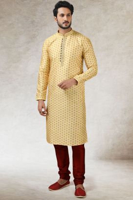 Yellow Art Silk Indian Kurta Pajama (KFM-5849)