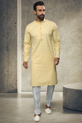 Yellow Cotton Mens Kurta Pajama (KFM-6146)