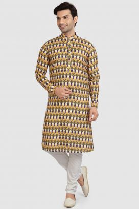 Yellow Cotton Printed Kurta Pajama (KFM-5724)