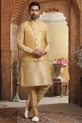 Yellow, Dark Gold Art Banarasi Silk Nehru Jacket (KFM-5631)