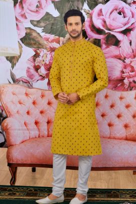 Yellow Fancy Cotton Mens Kurta Pajama(KFM-4611)