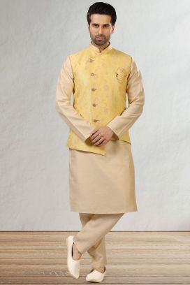 Yellow Jaquard Banarasi Silk Nehru Jacket (KFM-5202)