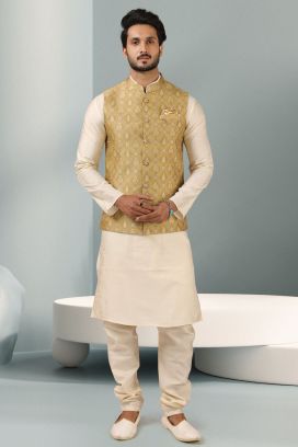 Yellow Jaquard Banarasi Silk Nehru Jacket (KFM-5864)