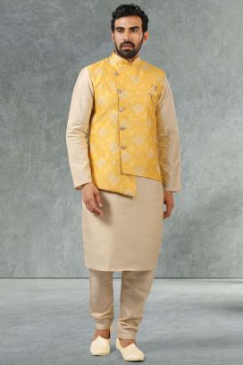 Yellow Jaquard Nehru Jacket for Men (KFM-5213)