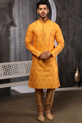 Yellow Jaquard Silk Brocade Kurta Pajama (KFM-4504)