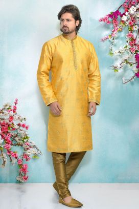 Yellow Jaquard Silk Brocade Kurta Pajama (KFM-4918)