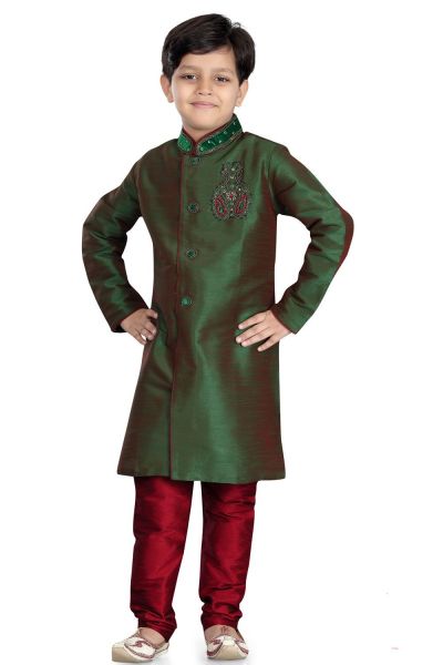 2 Toned Green Art Dupion Boys Sherwani (KFK-491)