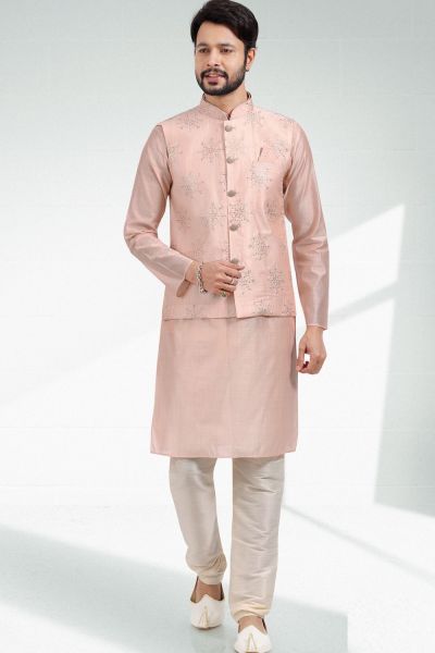 Art Silk Mens Nehru Jacket in Peach (KFM-6474)