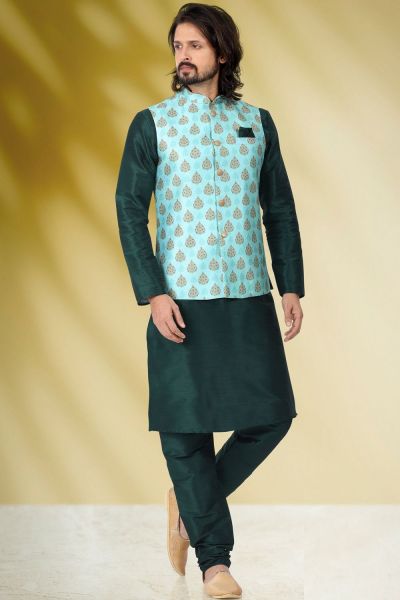 Banarasi Silk Nehru Jacket for Men in Green (KFM-6453)