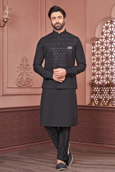 Black Art Banarasi Silk Nehru Jacket (KFM-7448)