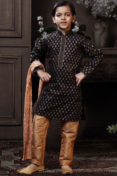 Black Cotton Printed Boys Kurta Pajama (KFK-758)