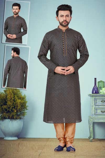 Black Cotton Silk Jaquard Casual Kurta for Mens (KFM-4847)