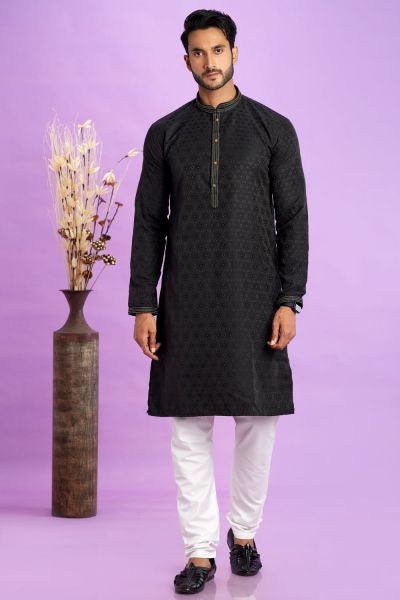 Black Jaquard Silk Kurta Pajama (KFM-7575)