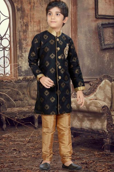 Black Printed Art Silk Kids Kurta Pajama (KFK-609)