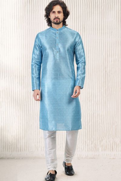 Blue Banarasi Silk Casual Mens Kurta (KFM-6727)