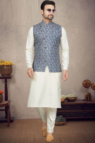Blue Cotton Nehru Jacket for Mens (KFM-6950)
