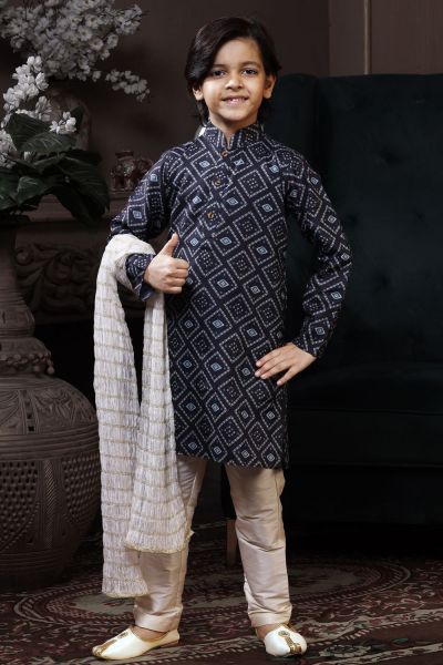 Blue Cotton Printed Boys Kurta Pajama (KFK-750)