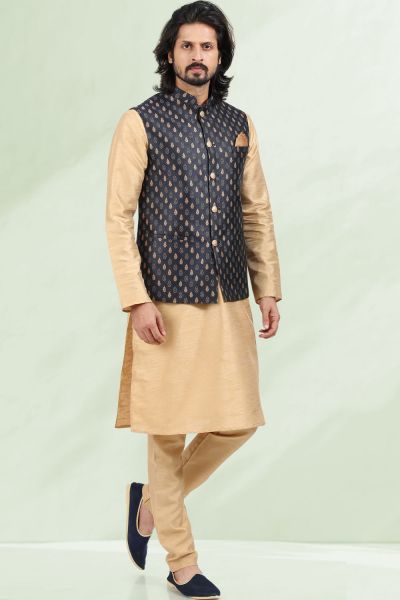Blue Jaquard Nehru Jacket for Mens (KFM-6689)
