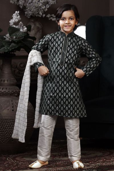 Dark Green Cotton Printed Boys Kurta (KFK-749)