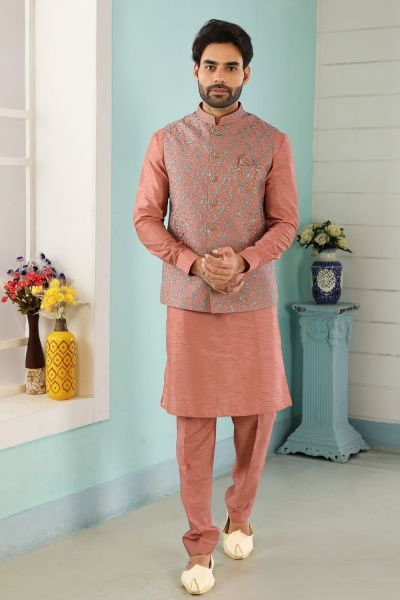 Dark Onion Pink Art Banarasi Silk Nehru Jacket (KFM-4983)