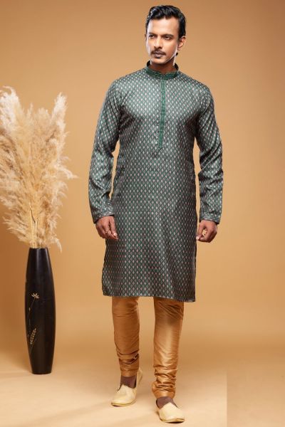 Digital Printed Dark Green Art Silk Kurta Pajama (KFM-7042)