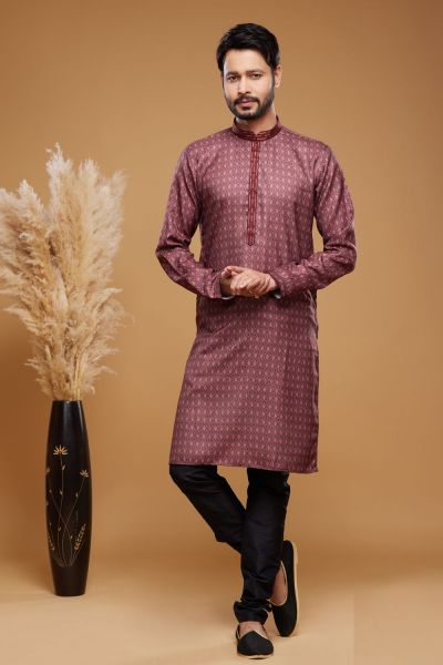 Digital Printed Maroon Art Silk Kurta Pajama (KFM-7044)
