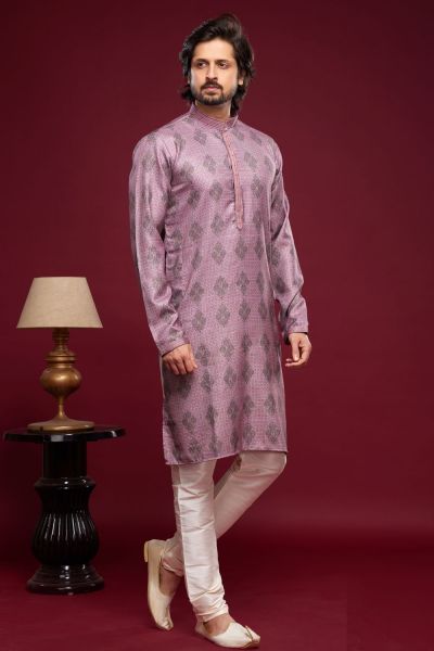 Digital Printed Purple Art Silk Kurta Pajama (KFM-7059)